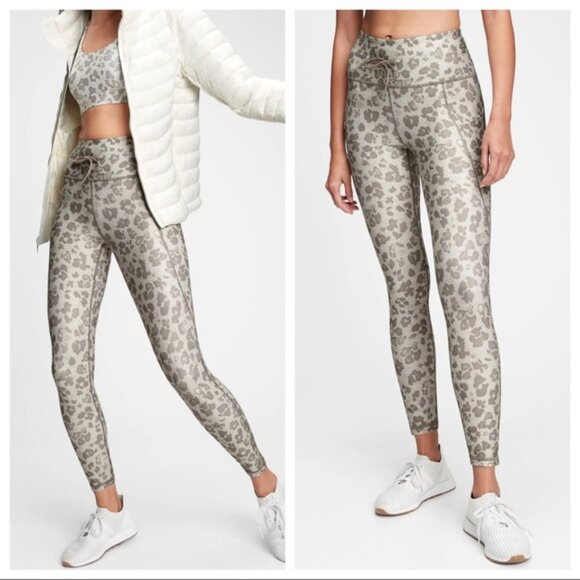 GAP GapFit High Rise Blackout Full Length Drawcord Leggings Gray Leopard Print L - Picture 1 of 12